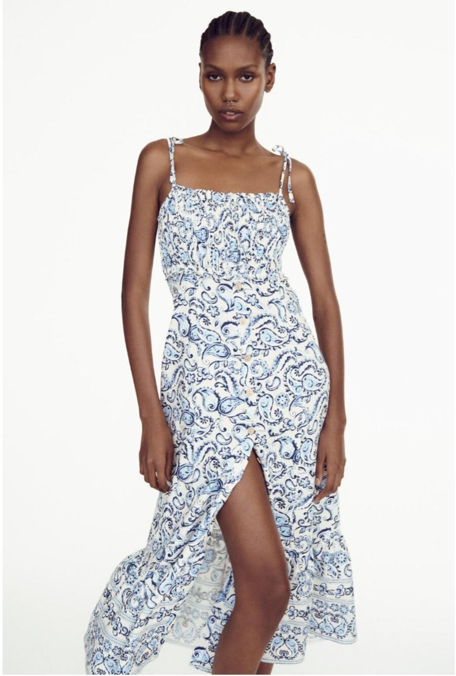 ZARA Blue White Beach Dress Linen Paisley Square Neck Back Zip Summer Size Small